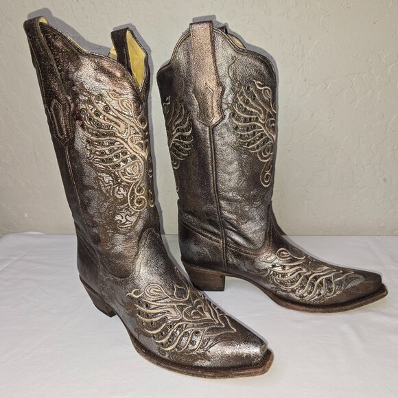 Corral Vintage Series Bronze Metallic Silver Grommet Leather Cowgirl Boots 8.5 - Picture 3 of 12